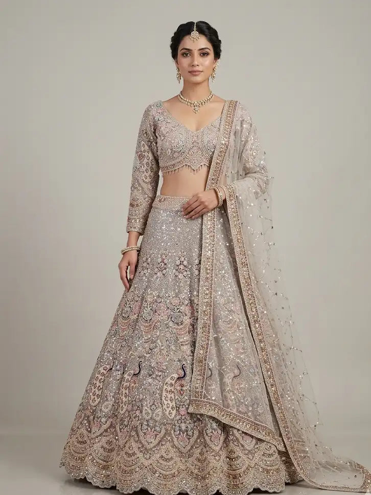 Dull Gold Net Embroidered Lehenga Set